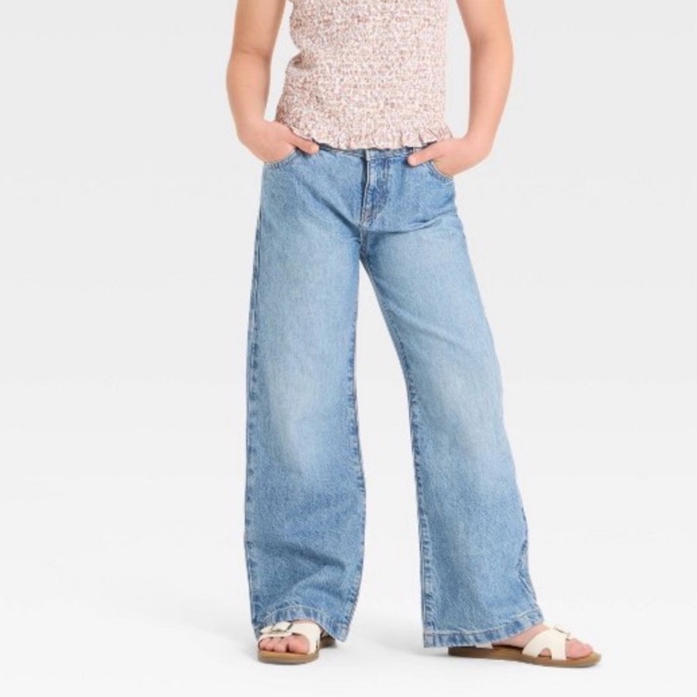 Girls’ Wide Leg Jeans Medium Wash Mid Rise Adjustable Waist - Size 12 - NWT